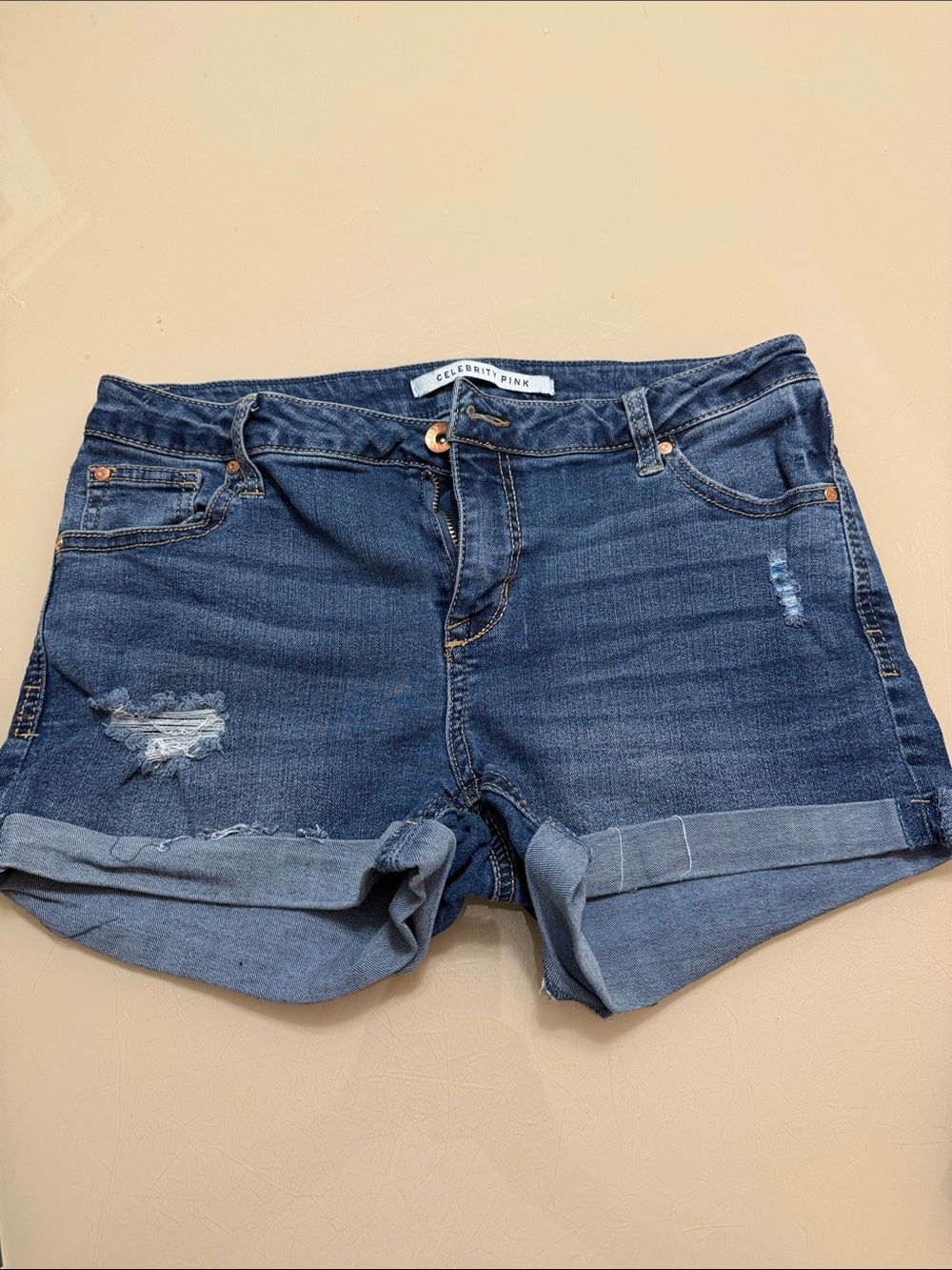 Celebrity Pink Medium Wash Rolled Cuff Distressed Denim Shorts